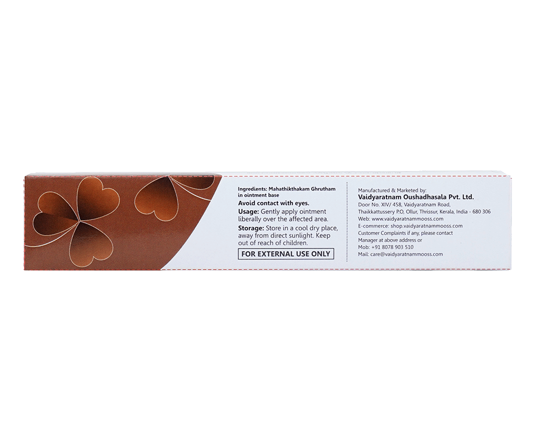 Close-up of Mahathikthakam Gh. Ointment by Vaidyaratnam, an Ayurvedic remedy for eczema, ulcers, and fistula.