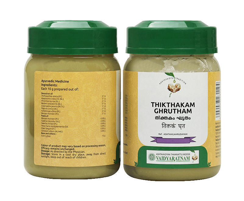 Vaidyaratnam Thikthakam Ghrutham – Herbal remedy for abscess treatment and improving blood health.