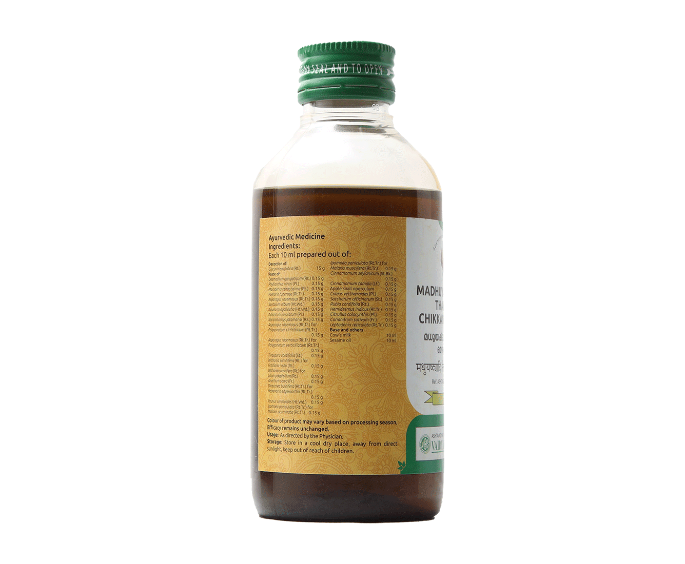 Vaidyaratnam Madhuyashtyadi Thailam 200ml packaging, effective for soothing Pitta imbalances and relieving numbness.