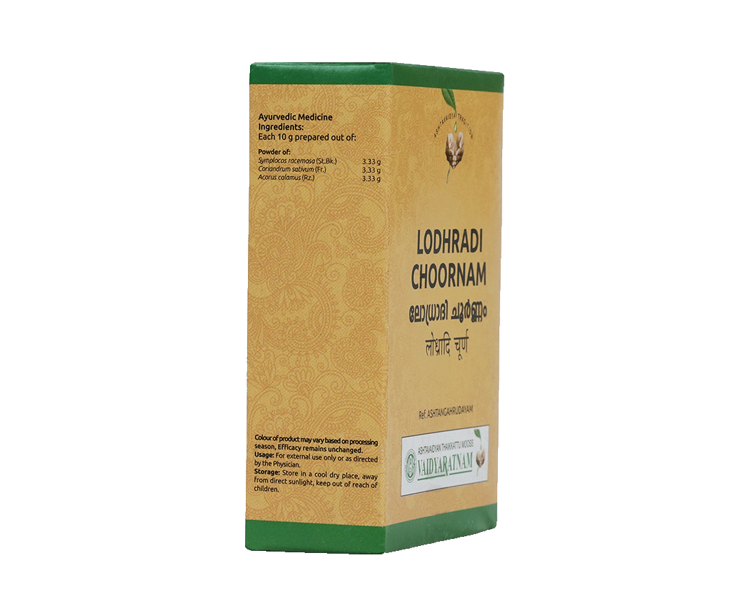 Close-up of Vaidyaratnam Lodradi Choornam, an herbal powder for promoting clear and healthy skin.